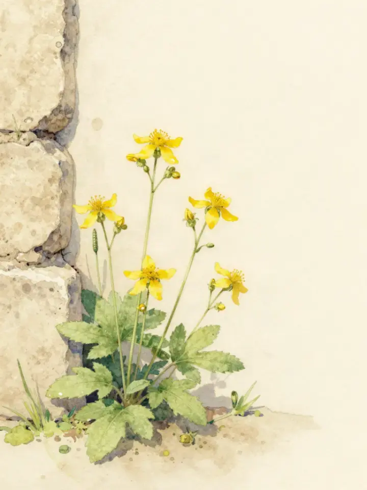 Aquarelle : des fleurs jaunes de chélidoine au pied d'un vieux mur de pierre